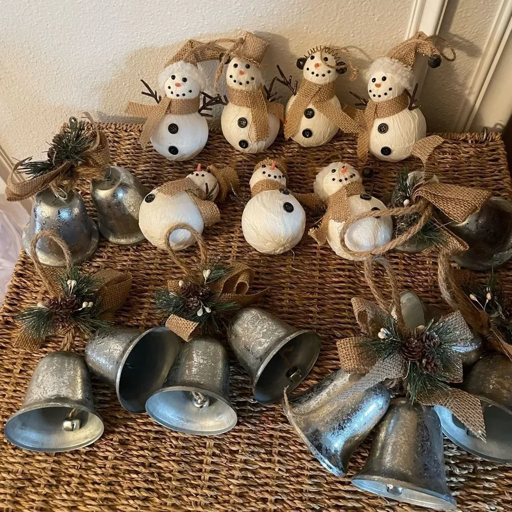 7 Paper Mache Snowman Ornaments & 6 Metal Double Bells with Faux Greenery Lot